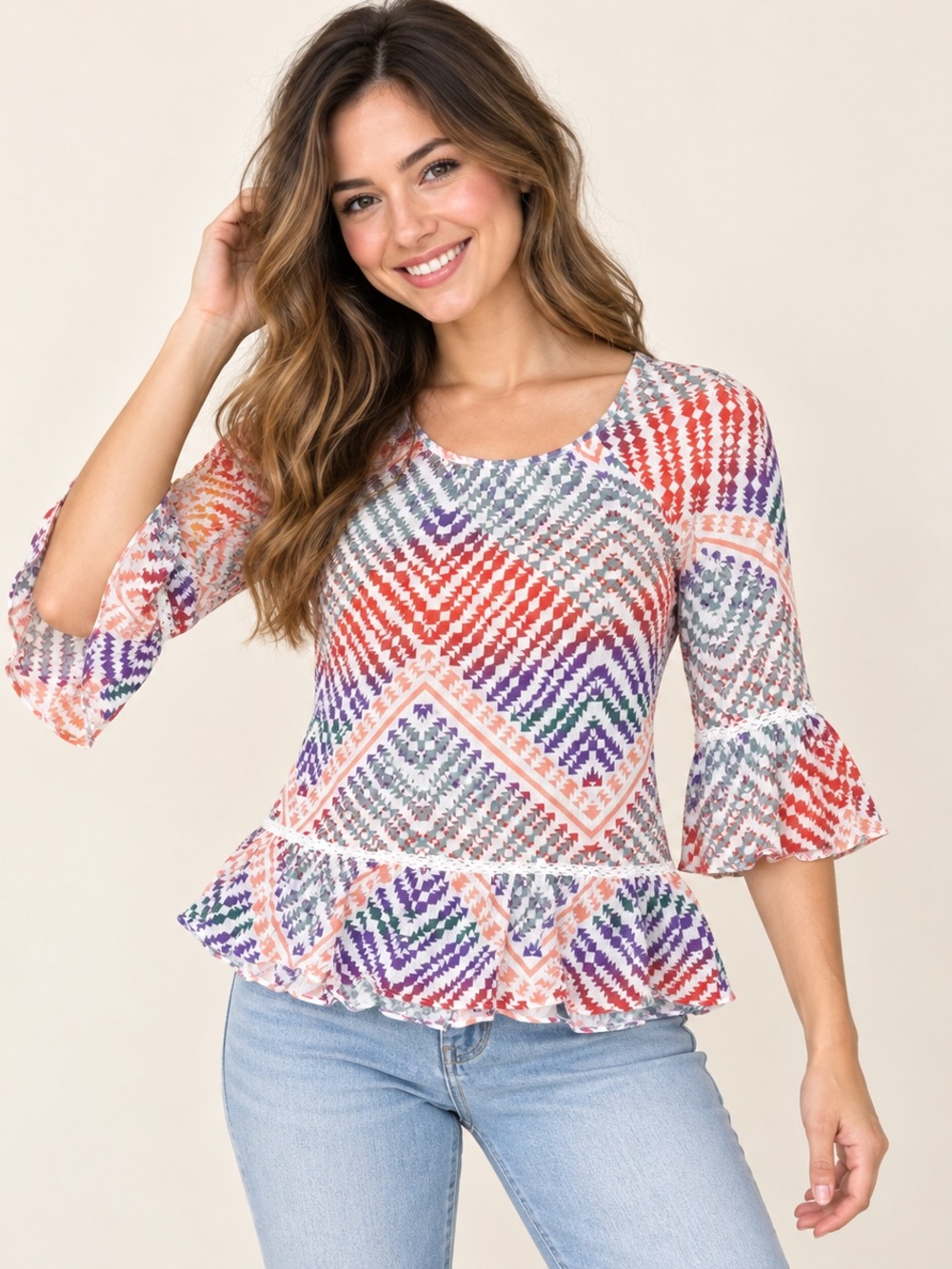 Zac & Rachel Petite Small Boho Peplum Blouse Bell Sleeve Southwestern Top